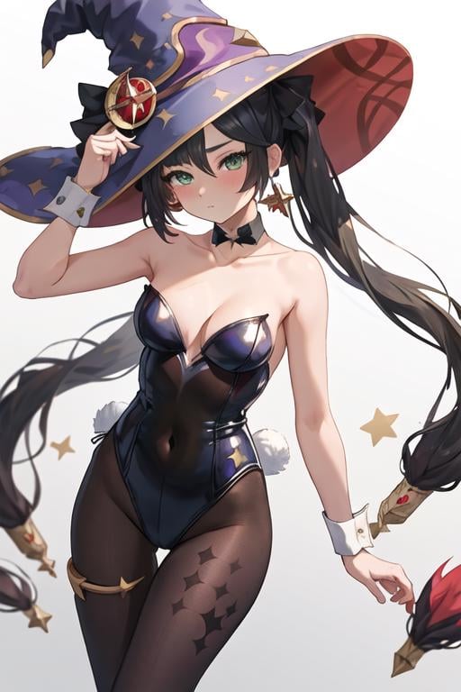 best quality, masterpiece, highres, solo, {mona_genshin:1.15}, long_hair, twintails, bangs, black_hair, breasts, blush, green_eyes, hat, jewelry, star_\(symbol\), witch_hat, earrings, medium_breasts, 1girl, animal_ears, bare_shoulders, black_leotard, fake_animal_ears, leotard, looking_at_viewer, playboy_bunny, rabbit_ears, simple_background, strapless, strapless_leotard, white_background, black_choker, choker, cleavage, collarbone, hairband, pantyhose, rabbit_tail, tail, alternate_costume, closed_mouth, covered_navel, star_earrings