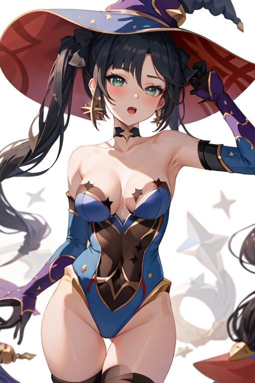 best quality, masterpiece, highres, solo, {mona_genshin:1.15}, long_hair, twintails, bangs, black_hair, breasts, blush, green_eyes, hat, jewelry, star_\(symbol\), witch_hat, earrings, medium_breasts, 1girl, bare_shoulders, looking_at_viewer, open_mouth, choker, collarbone, white_background, cleavage, hat_ornament, upper_body, detached_sleeves, leotard, simple_background