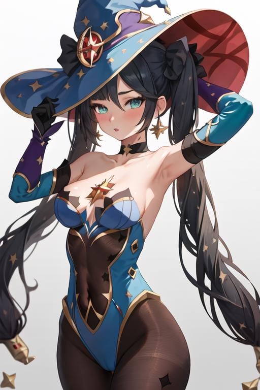 best quality, masterpiece, highres, solo, {mona_genshin:1.15}, long_hair, twintails, bangs, black_hair, breasts, blush, green_eyes, hat, jewelry, star_\(symbol\), witch_hat, earrings, medium_breasts, 1girl, black_choker, black_gloves, choker, gloves, armpits, arms_up, bare_shoulders, covered_navel, detached_sleeves, leotard, parted_lips, aqua_eyes, bodystocking, collarbone, looking_at_viewer, pantyhose, blue_leotard, cleavage, gradient, gradient_background