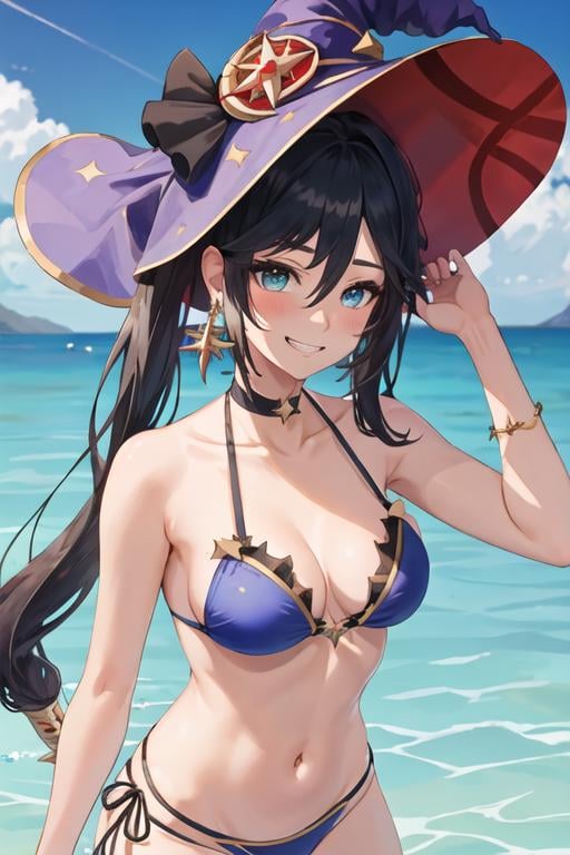 best quality, masterpiece, highres, solo, {mona_genshin:1.15}, long_hair, twintails, bangs, black_hair, breasts, blush, green_eyes, hat, jewelry, star_\(symbol\), witch_hat, earrings, medium_breasts, 1girl, blue_sky, collarbone, day, hair_ribbon, looking_at_viewer, ocean, outdoors, ribbon, sky, bikini, cloud, hair_between_eyes, star_earrings, swimsuit, blue_eyes, grin, portrait, smile, upper_body, v