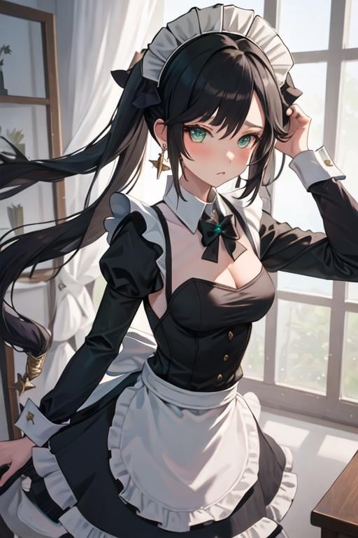 best quality, masterpiece, highres, solo, {maid:1.40}, {long maid dress:1.15}, {mona_genshin:1.15}, long_hair, twintails, bangs, black_hair, breasts, blush, green_eyes, hat, jewelry, star_\(symbol\), witch_hat, earrings, medium_breasts