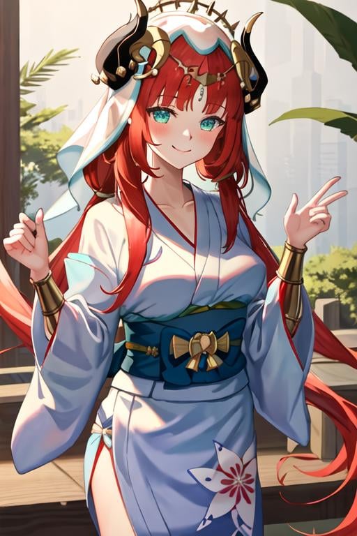 best quality, masterpiece, highres, solo, {yukata:1.40}, {kimono:1.20}, {nilou_genshin:1.15}, long_hair, bangs, red_hair, horns, veil, jewelry, fake_horns, breasts, twintails, smile, blush, parted_bangs, brooch, aqua_eyes, circlet, harem_outfit, bracer, neck_ring, medium_breasts, low_twintails, closed_mouth