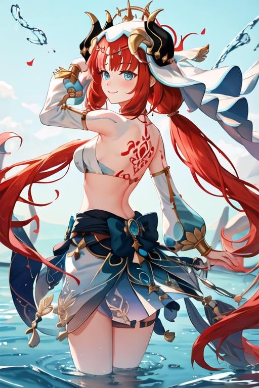 best quality, masterpiece, highres, solo, {nilou_genshin:1.15}, long_hair, bangs, red_hair, horns, veil, jewelry, fake_horns, breasts, twintails, smile, blush, parted_bangs, brooch, aqua_eyes, circlet, harem_outfit, bracer, neck_ring, medium_breasts, low_twintails, closed_mouth, 1girl, back_tattoo, bare_back, blue_eyes, crop_top, detached_sleeves, long_sleeves, looking_at_viewer, skirt, tattoo, water, back, bare_shoulders, looking_back, puffy_long_sleeves, vision_\(genshin_impact\), puffy_sleeves, blue_skirt