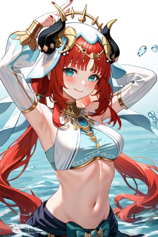 best quality, masterpiece, highres, solo, {nilou_genshin:1.15}, long_hair, bangs, red_hair, horns, veil, jewelry, fake_horns, breasts, twintails, smile, blush, parted_bangs, brooch, aqua_eyes, circlet, harem_outfit, bracer, neck_ring, medium_breasts, low_twintails, closed_mouth, 1girl, detached_sleeves, long_sleeves, looking_at_viewer, puffy_long_sleeves, puffy_sleeves, crop_top, gold_trim, nail_polish, upper_body, arm_up, blue_nails, simple_background, water_drop, white_background, stomach, water, white_headwear