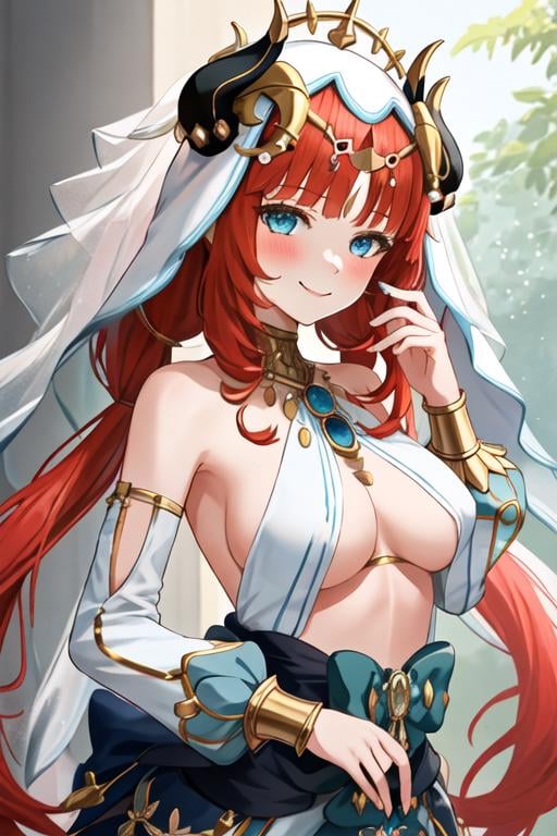 best quality, masterpiece, highres, solo, {nilou_genshin:1.15}, long_hair, bangs, red_hair, horns, veil, jewelry, fake_horns, breasts, twintails, smile, blush, parted_bangs, brooch, aqua_eyes, circlet, harem_outfit, bracer, neck_ring, medium_breasts, low_twintails, closed_mouth, 1girl, blue_eyes, looking_at_viewer, portrait, upper_body