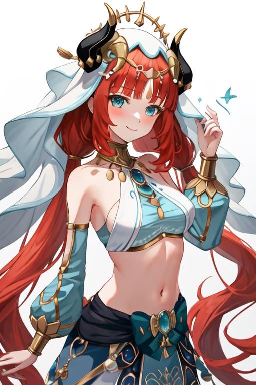 best quality, masterpiece, highres, solo, {nilou_genshin:1.15}, long_hair, bangs, red_hair, horns, veil, jewelry, fake_horns, breasts, twintails, smile, blush, parted_bangs, brooch, aqua_eyes, circlet, harem_outfit, bracer, neck_ring, medium_breasts, low_twintails, closed_mouth, 1girl, looking_at_viewer, upper_body, simple_background, white_background