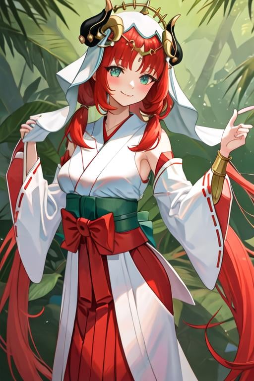 best quality, masterpiece, highres, solo, {white kimono:1.35}, {red hakama:1.35}, {wide sleeves:1.20}, {nilou_genshin:1.15}, long_hair, bangs, red_hair, horns, veil, jewelry, fake_horns, breasts, twintails, smile, blush, parted_bangs, brooch, aqua_eyes, circlet, harem_outfit, bracer, neck_ring, medium_breasts, low_twintails, closed_mouth