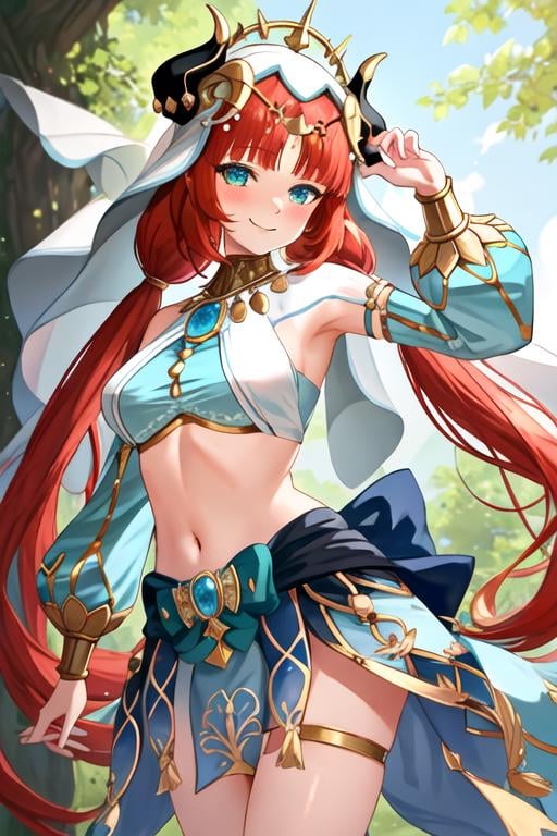 best quality, masterpiece, highres, solo, {nilou_genshin:1.15}, long_hair, bangs, red_hair, horns, veil, jewelry, fake_horns, breasts, twintails, smile, blush, parted_bangs, brooch, aqua_eyes, circlet, harem_outfit, bracer, neck_ring, medium_breasts, low_twintails, closed_mouth