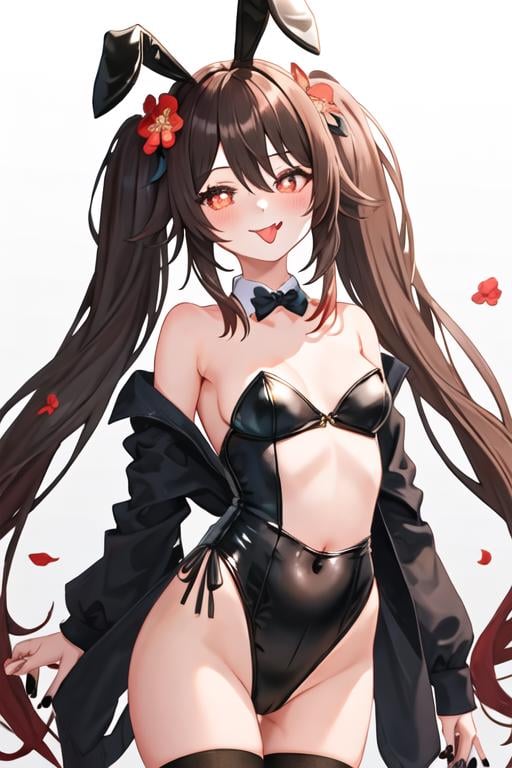 best quality, masterpiece, highres, solo, {hu_tao_genshin:1.15}, brown_hair, long_hair, red_eyes, symbol-shaped_pupils, twintails, bangs, flower, flower-shaped_pupils, smile, blush, hair_between_eyes, breasts, very_long_hair, black_nails, hair_ornament, plum_blossoms, hair_flower, 1girl, alternate_costume, animal_ears, black_bow, black_bowtie, bow, bowtie, fake_animal_ears, looking_at_viewer, playboy_bunny, rabbit_ears, simple_background, small_breasts, white_background, black_leotard, leotard, detached_collar, double_v, tongue, tongue_out, v