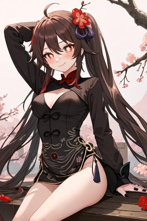 best quality, masterpiece, highres, solo, {hu_tao_genshin:1.15}, brown_hair, long_hair, red_eyes, symbol-shaped_pupils, twintails, bangs, flower, flower-shaped_pupils, smile, blush, hair_between_eyes, breasts, very_long_hair, black_nails, hair_ornament, plum_blossoms, hair_flower