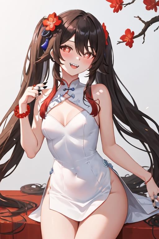 best quality, masterpiece, highres, solo, {hu_tao_genshin:1.15}, brown_hair, long_hair, red_eyes, symbol-shaped_pupils, twintails, bangs, flower, flower-shaped_pupils, smile, blush, hair_between_eyes, breasts, very_long_hair, black_nails, hair_ornament, plum_blossoms, hair_flower, 1girl, looking_at_viewer, chinese_clothes, open_mouth, dress, china_dress, nail_polish, simple_background, sleeveless, bare_shoulders, upper_body, white_background, ring, sleeveless_dress, alternate_costume, jewelry, teeth