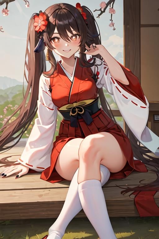 best quality, masterpiece, highres, solo, {white kimono:1.35}, {red hakama:1.35}, {wide sleeves:1.20}, {hu_tao_genshin:1.15}, brown_hair, long_hair, red_eyes, symbol-shaped_pupils, twintails, bangs, flower, flower-shaped_pupils, smile, blush, hair_between_eyes, breasts, very_long_hair, black_nails, hair_ornament, plum_blossoms, hair_flower