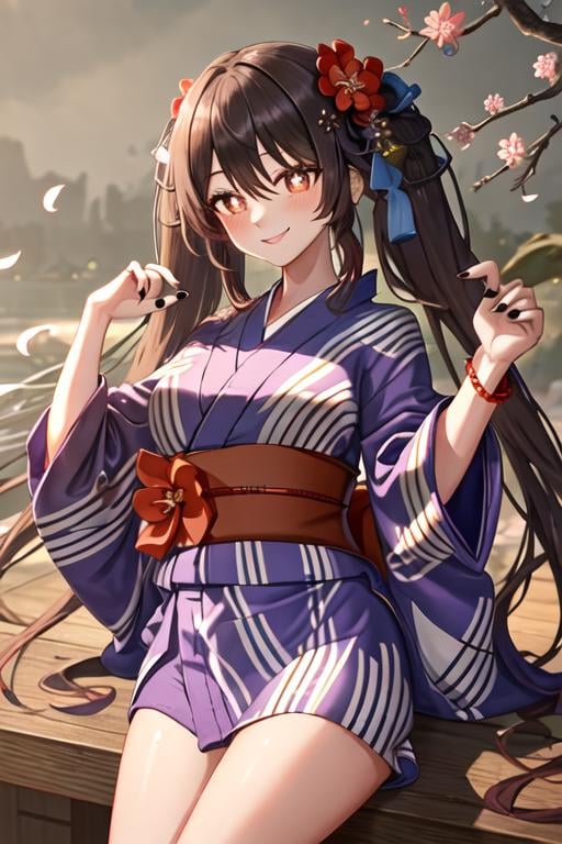 best quality, masterpiece, highres, solo, {yukata:1.40}, {kimono:1.20}, {hu_tao_genshin:1.15}, brown_hair, long_hair, red_eyes, symbol-shaped_pupils, twintails, bangs, flower, flower-shaped_pupils, smile, blush, hair_between_eyes, breasts, very_long_hair, black_nails, hair_ornament, plum_blossoms, hair_flower