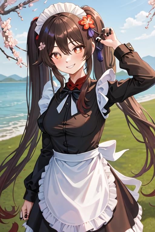 best quality, masterpiece, highres, solo, {maid:1.40}, {long maid dress:1.15}, {hu_tao_genshin:1.15}, brown_hair, long_hair, red_eyes, symbol-shaped_pupils, twintails, bangs, flower, flower-shaped_pupils, smile, blush, hair_between_eyes, breasts, very_long_hair, black_nails, hair_ornament, plum_blossoms, hair_flower