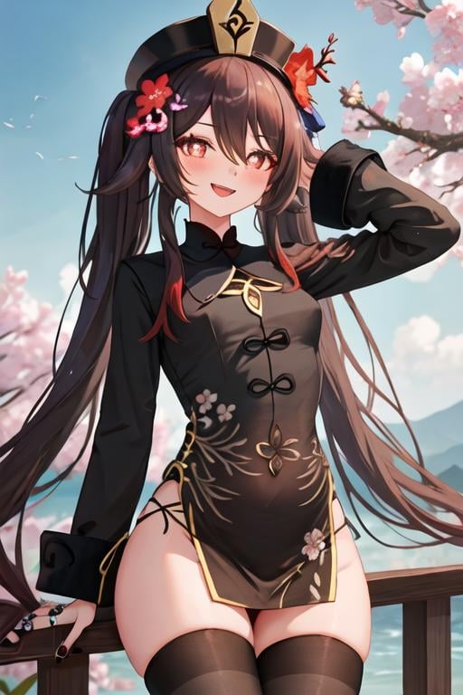 best quality, masterpiece, highres, solo, {hu_tao_genshin:1.15}, brown_hair, long_hair, red_eyes, symbol-shaped_pupils, twintails, bangs, flower, flower-shaped_pupils, smile, blush, hair_between_eyes, breasts, very_long_hair, black_nails, hair_ornament, plum_blossoms, hair_flower, 1girl, black_headwear, hat, hat_flower, long_sleeves, jewelry, looking_at_viewer, ring, chinese_clothes, upper_body, nail_polish, open_mouth