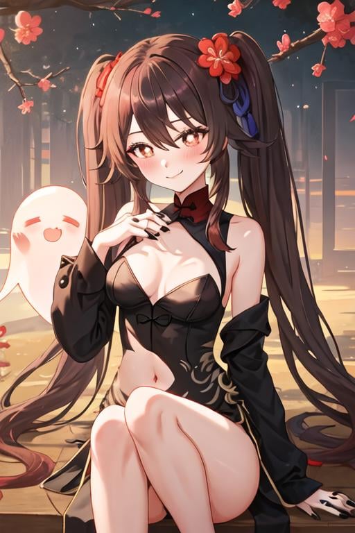 best quality, masterpiece, highres, solo, {hu_tao_genshin:1.15}, brown_hair, long_hair, red_eyes, symbol-shaped_pupils, twintails, bangs, flower, flower-shaped_pupils, smile, blush, hair_between_eyes, breasts, very_long_hair, black_nails, hair_ornament, plum_blossoms, hair_flower, 1girl, looking_at_viewer, bare_shoulders, red_flower, closed_mouth, ghost