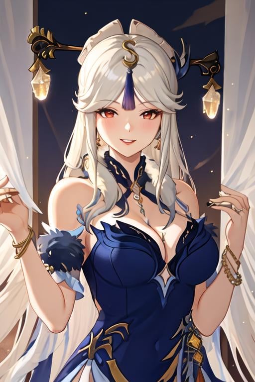 best quality, masterpiece, highres, solo, {ningguang_genshin:1.15}, hair_ornament, long_hair, bangs, white_hair, red_eyes, parted_bangs, tassel, breasts, smile, hairpin, sidelocks, hair_stick, very_long_hair, large_breasts, 1girl, bare_shoulders, blue_dress, dress, jewelry, looking_at_viewer, official_alternate_costume, tassel_hair_ornament, cleavage, parted_lips, upper_body, blush, bracelet, blue_collar, fur_trim