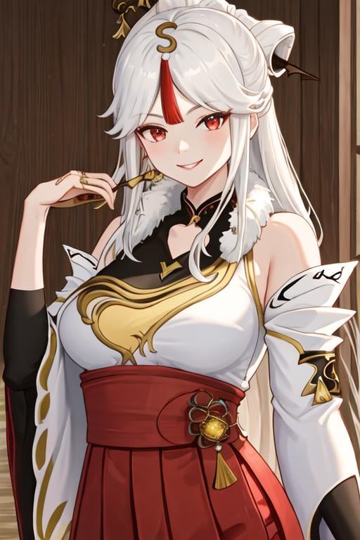 best quality, masterpiece, highres, solo, {white kimono:1.35}, {red hakama:1.35}, {wide sleeves:1.20}, {ningguang_genshin:1.15}, hair_ornament, long_hair, bangs, white_hair, red_eyes, parted_bangs, tassel, breasts, smile, hairpin, sidelocks, hair_stick, very_long_hair, large_breasts
