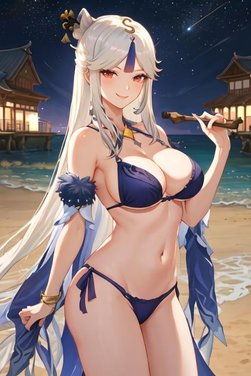 best quality, masterpiece, highres, solo, {night:1.10}, {starry sky:1.10}, beach, beautiful detailed sky, {extremely detailed background:1.20}, {ningguang_genshin:1.15}, {standing:1.10}, looking at viewer, {bikini:1.30}, hair_ornament, long_hair, bangs, white_hair, red_eyes, parted_bangs, tassel, breasts, smile, hairpin, sidelocks, hair_stick, very_long_hair, large_breasts, light smile