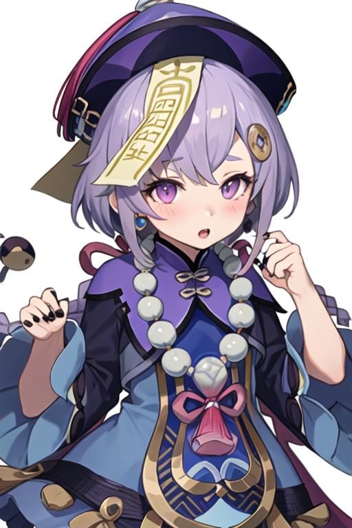 best quality, masterpiece, highres, solo, {qiqi_genshin:1.15}, purple_hair, bangs, hat, ofuda, qing_guanmao, hair_ornament, purple_eyes, jewelry, jiangshi, necklace, beads, bead_necklace, coin_hair_ornament, purple_headwear, long_hair, braid, hair_between_eyes, blush, 1girl, black_nails, dress, long_sleeves, looking_at_viewer, nail_polish, simple_background, upper_body, white_background, open_mouth, wide_sleeves