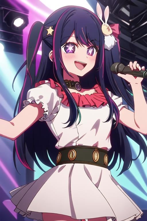 best quality, masterpiece, highres, solo, {hoshino_ai_oshinoko:1.15}, long_hair, purple_eyes, purple_hair, bangs, smile, symbol-shaped_pupils, multicolored_hair, star-shaped_pupils, 1girl, hair_ornament, rabbit_hair_ornament, blush, microphone, idol, holding_microphone, open_mouth, virtual_youtuber, holding