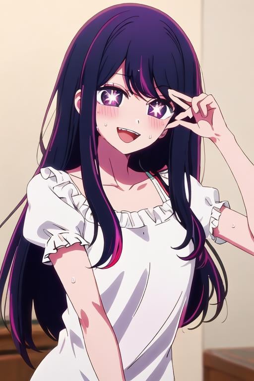 best quality, masterpiece, highres, solo, {hoshino_ai_oshinoko:1.15}, long_hair, purple_eyes, purple_hair, bangs, smile, symbol-shaped_pupils, multicolored_hair, star-shaped_pupils, 1girl, :d, open_mouth, puffy_short_sleeves, puffy_sleeves, short_sleeves, teeth, shirt, upper_body, star_\(symbol\), upper_teeth_only, white_shirt, blush, frills, sweat