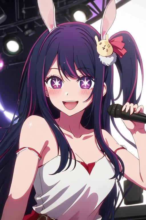 best quality, masterpiece, highres, solo, {hoshino_ai_oshinoko:1.15}, long_hair, purple_eyes, purple_hair, bangs, smile, symbol-shaped_pupils, multicolored_hair, star-shaped_pupils, 1girl, collarbone, hair_ornament, open_mouth, singing, virtual_youtuber, blush, closed_eyes, music, portrait, rabbit_hair_ornament, microphone, holding, holding_microphone, one_side_up