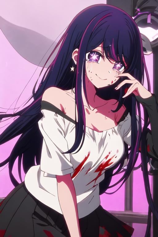 best quality, masterpiece, highres, solo, {hoshino_ai_oshinoko:1.15}, long_hair, purple_eyes, purple_hair, bangs, smile, symbol-shaped_pupils, multicolored_hair, star-shaped_pupils, 2girls, blonde_hair, blood, blood_on_face, multiple_girls, solo_focus, black_hair, collarbone, empty_eyes, shirt, crying