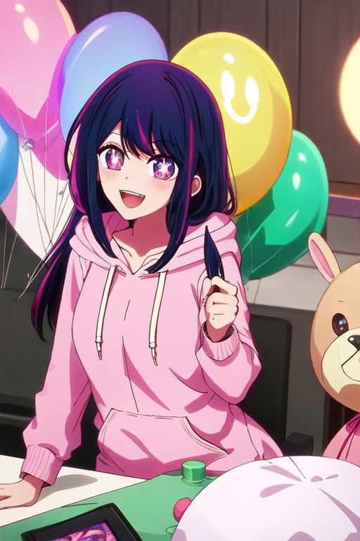 best quality, masterpiece, highres, solo, {hoshino_ai_oshinoko:1.15}, long_hair, purple_eyes, purple_hair, bangs, smile, symbol-shaped_pupils, multicolored_hair, star-shaped_pupils, 1girl, hood, hoodie, indoors, looking_at_viewer, open_mouth, pink_hoodie, red_hoodie, stuffed_toy, hood_down, star_\(symbol\), balloon, blurry, stuffed_animal, upper_body, :d, drawstring, stuffed_bunny, teeth