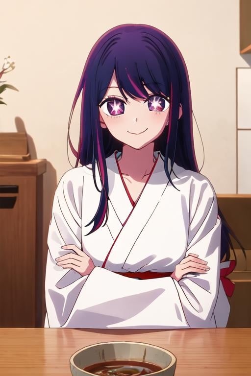 best quality, masterpiece, highres, solo, {white kimono:1.35}, {red hakama:1.35}, {wide sleeves:1.20}, {hoshino_ai_oshinoko:1.15}, long_hair, purple_eyes, purple_hair, bangs, smile, symbol-shaped_pupils, multicolored_hair, star-shaped_pupils