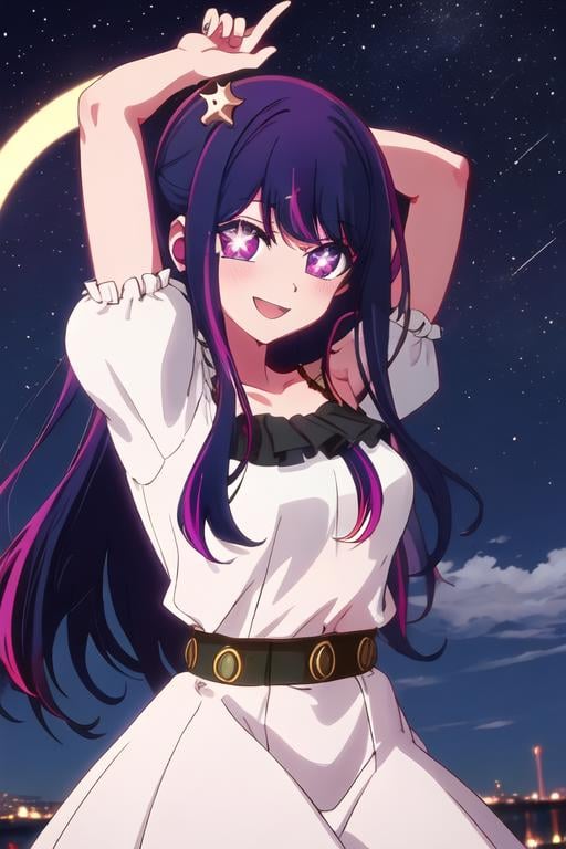 best quality, masterpiece, highres, solo, {hoshino_ai_oshinoko:1.15}, long_hair, purple_eyes, purple_hair, bangs, smile, symbol-shaped_pupils, multicolored_hair, star-shaped_pupils, 1girl, open_mouth, blue_hair, night, sky, night_sky, outdoors