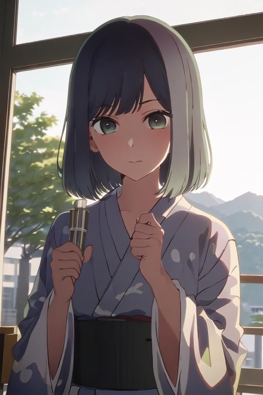 best quality, masterpiece, highres, solo, {yukata:1.40}, {kimono:1.20}, {kurokawa_akane_oshinoko:1.15}, bangs, short_hair, blue_hair, green_eyes, closed_mouth, black_hair, medium_hair