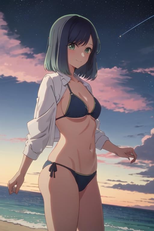 best quality, masterpiece, highres, solo, {night:1.10}, {starry sky:1.10}, beach, beautiful detailed sky, {extremely detailed background:1.20}, {kurokawa_akane_oshinoko:1.15}, {standing:1.10}, looking at viewer, {bikini:1.30}, bangs, short_hair, blue_hair, green_eyes, closed_mouth, black_hair, medium_hair, light smile