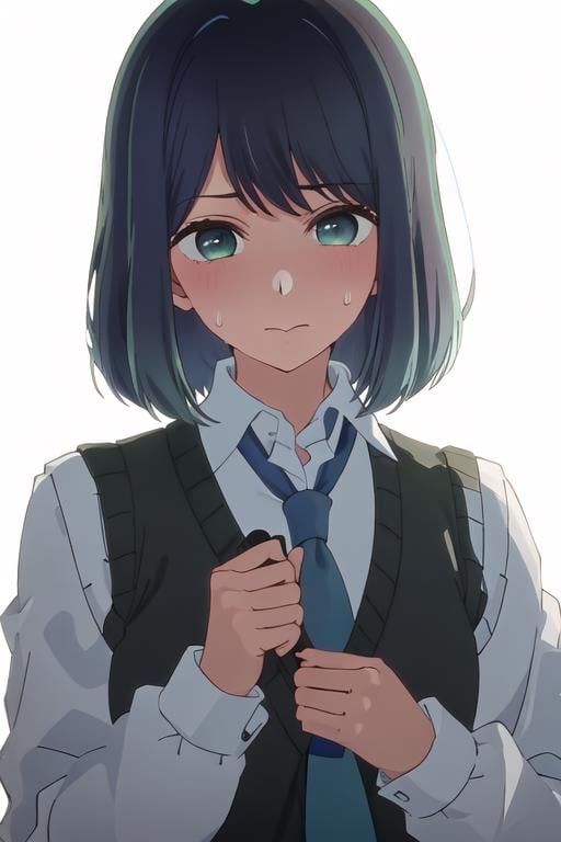 best quality, masterpiece, highres, solo, {kurokawa_akane_oshinoko:1.15}, bangs, short_hair, blue_hair, green_eyes, closed_mouth, black_hair, medium_hair, 1girl, black_vest, blue_eyes, blue_necktie, collared_shirt, necktie, school_uniform, shirt, sweater_vest, upper_body, vest, white_shirt, looking_at_viewer, simple_background, sweatdrop