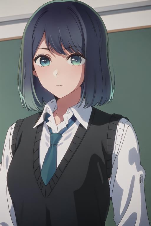 best quality, masterpiece, highres, solo, {kurokawa_akane_oshinoko:1.15}, bangs, short_hair, blue_hair, green_eyes, closed_mouth, black_hair, medium_hair, 1girl, collared_shirt, necktie, shirt, sweater_vest, upper_body, vest, white_shirt, blue_eyes, school_uniform, blue_necktie, looking_at_viewer