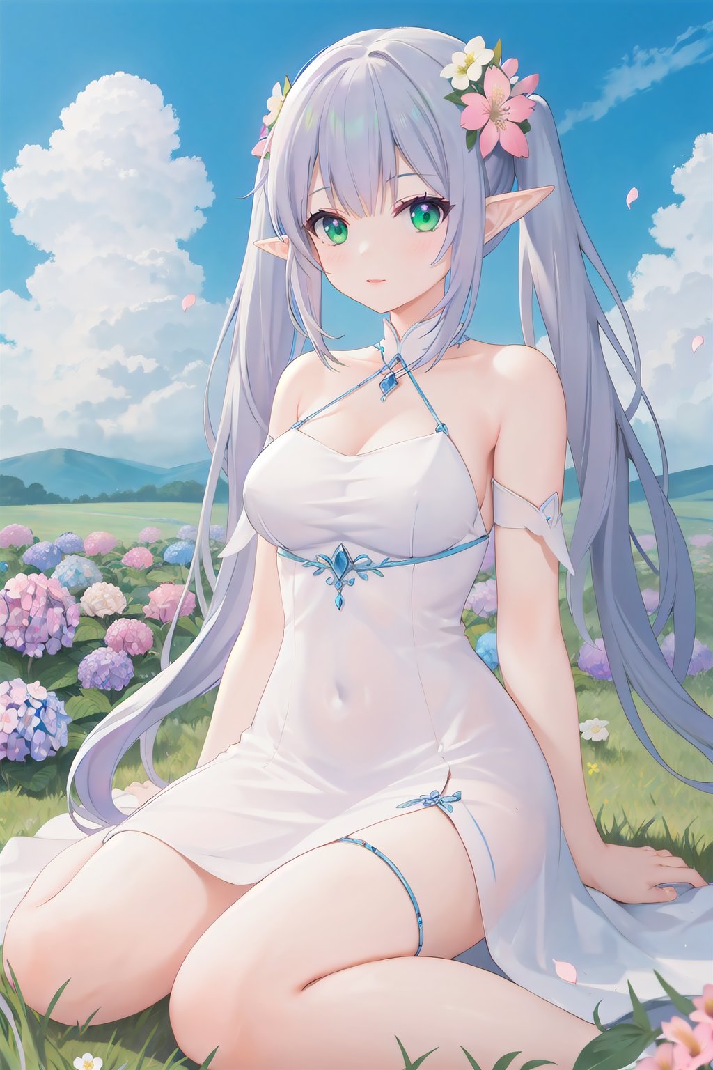 1girl, bangs, bare_shoulders, blue_flower, blue_sky, breasts, cloud, cloudy_sky, day, dress, elf, field, flower, flower_field, grass, green_eyes, hair_ornament, hydrangea, long_hair, looking_at_viewer, outdoors, petals, pointy_ears, purple_flower, sitting, sky, solo, twintails, white_dress, white_flower