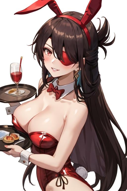 best quality, masterpiece, highres, solo, {beidou_genshin:1.15}, long_hair, eyepatch, red_eyes, brown_hair, hair_ornament, hair_over_one_eye, breasts, one_eye_covered, hairpin, smile, hair_stick, jewelry, bangs, earrings, large_breasts, cleavage, 1girl, animal_ears, bare_shoulders, blush, bow, bowtie, fake_animal_ears, leotard, looking_at_viewer, playboy_bunny, rabbit_ears, red_bow, red_bowtie, simple_background, white_background, holding, red_leotard, strapless, detached_collar, hairband, strapless_leotard, wrist_cuffs, alternate_costume, holding_tray, parted_lips, tray