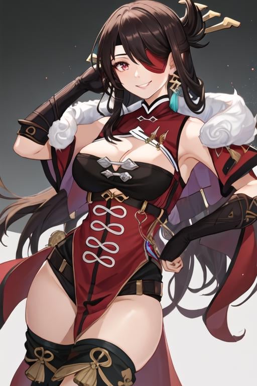 best quality, masterpiece, highres, solo, {beidou_genshin:1.15}, long_hair, eyepatch, red_eyes, brown_hair, hair_ornament, hair_over_one_eye, breasts, one_eye_covered, hairpin, smile, hair_stick, jewelry, bangs, earrings, large_breasts, cleavage