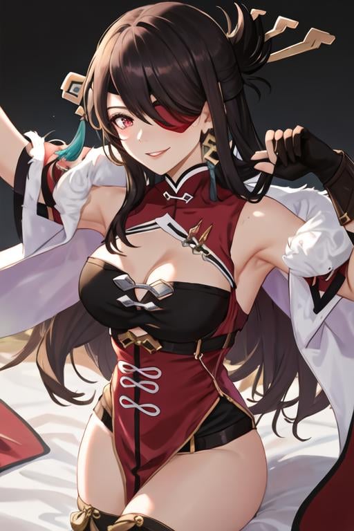 best quality, masterpiece, highres, solo, {beidou_genshin:1.15}, long_hair, eyepatch, red_eyes, brown_hair, hair_ornament, hair_over_one_eye, breasts, one_eye_covered, hairpin, smile, hair_stick, jewelry, bangs, earrings, large_breasts, cleavage, 1girl, chinese_clothes, gloves, looking_at_viewer, fingerless_gloves, fur_trim, black_gloves, holding, parted_lips