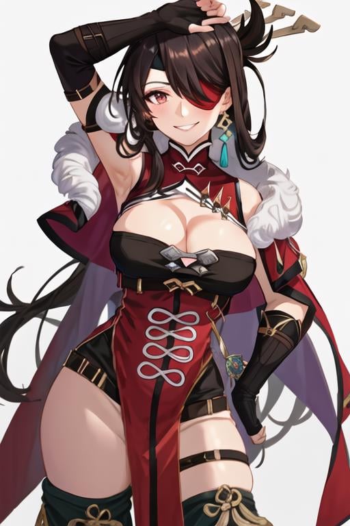 best quality, masterpiece, highres, solo, {beidou_genshin:1.15}, long_hair, eyepatch, red_eyes, brown_hair, hair_ornament, hair_over_one_eye, breasts, one_eye_covered, hairpin, smile, hair_stick, jewelry, bangs, earrings, large_breasts, cleavage, 1girl, black_gloves, capelet, dress, gloves, looking_at_viewer, chinese_clothes, fingerless_gloves, fur_trim, simple_background, white_background, red_capelet, clothing_cutout