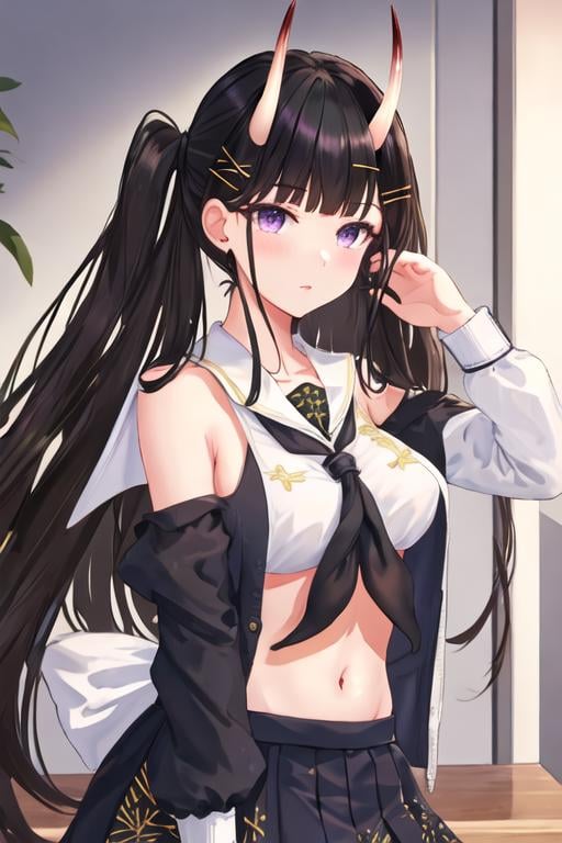 best quality, masterpiece, highres, solo, {noshiro_azurlane:1.15}, long_hair, horns, oni_horns, black_hair, purple_eyes, bangs, hair_ornament, hairclip, breasts, x_hair_ornament, serafuku, very_long_hair