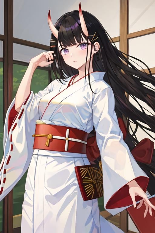 best quality, masterpiece, highres, solo, {white kimono:1.35}, {red hakama:1.35}, {wide sleeves:1.20}, {noshiro_azurlane:1.15}, long_hair, horns, oni_horns, black_hair, purple_eyes, bangs, hair_ornament, hairclip, breasts, x_hair_ornament, serafuku, very_long_hair