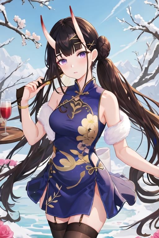 best quality, masterpiece, highres, solo, {noshiro_azurlane:1.15}, long_hair, horns, oni_horns, black_hair, purple_eyes, bangs, hair_ornament, hairclip, breasts, x_hair_ornament, serafuku, very_long_hair, 1girl, chinese_clothes, dress, looking_at_viewer, official_alternate_costume, flower, bare_shoulders, blue_flower, china_dress, hair_bun, hair_flower, blue_dress, sleeveless, thighhighs, sleeveless_dress, snowflake_print, brown_hair, cup, halter_dress, holding