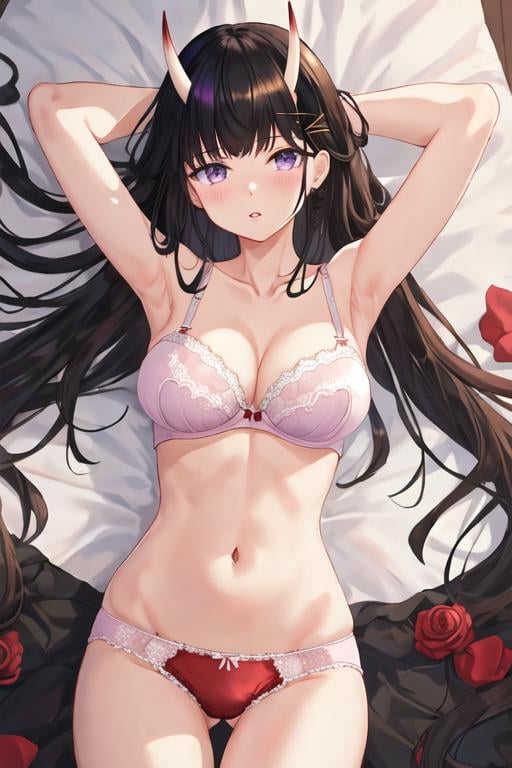 best quality, masterpiece, highres, solo, {noshiro_azurlane:1.15}, long_hair, horns, oni_horns, black_hair, purple_eyes, bangs, hair_ornament, hairclip, breasts, x_hair_ornament, serafuku, very_long_hair, 1girl, armpits, arms_up, bed_sheet, bra, cleavage, collarbone, looking_at_viewer, lying, on_back, underwear, large_breasts, navel, panties, parted_lips, red_bra, red_panties, underwear_only, blush