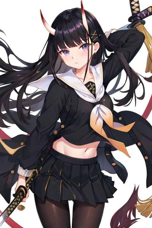 best quality, masterpiece, highres, solo, {noshiro_azurlane:1.15}, long_hair, horns, oni_horns, black_hair, purple_eyes, bangs, hair_ornament, hairclip, breasts, x_hair_ornament, serafuku, very_long_hair, 1girl, black_cardigan, black_pantyhose, black_serafuku, black_shirt, black_skirt, cardigan, holding, holding_sword, holding_weapon, katana, long_sleeves, looking_at_viewer, neckerchief, pantyhose, pleated_skirt, sailor_collar, school_uniform, shirt, skirt, sword, weapon, white_sailor_collar, midriff_peek, open_cardigan, sheath, midriff, navel, open_clothes