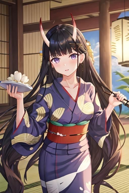 best quality, masterpiece, highres, solo, {yukata:1.40}, {kimono:1.20}, {noshiro_azurlane:1.15}, long_hair, horns, oni_horns, black_hair, purple_eyes, bangs, hair_ornament, hairclip, breasts, x_hair_ornament, serafuku, very_long_hair