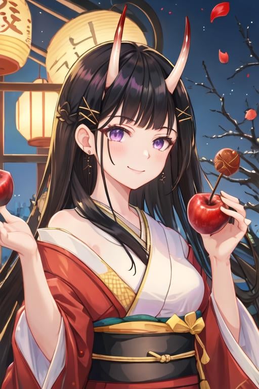 best quality, masterpiece, highres, solo, {noshiro_azurlane:1.15}, long_hair, horns, oni_horns, black_hair, purple_eyes, bangs, hair_ornament, hairclip, breasts, x_hair_ornament, serafuku, very_long_hair, 1girl, candy_apple, food, gloves, holding, japanese_clothes, kimono, looking_at_viewer, red_kimono, black_gloves, blunt_bangs, closed_mouth, long_sleeves, petals, smile, wide_sleeves, hairpin, lantern, obi, sash, upper_body