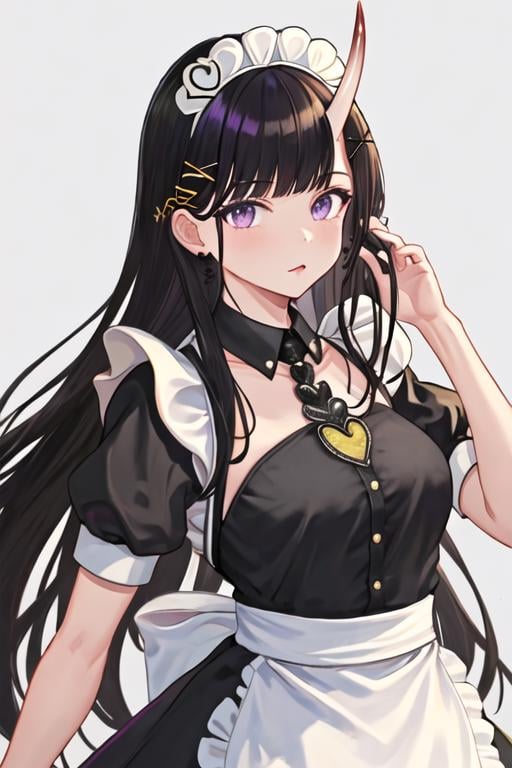 best quality, masterpiece, highres, solo, {maid:1.40}, {long maid dress:1.15}, {noshiro_azurlane:1.15}, long_hair, horns, oni_horns, black_hair, purple_eyes, bangs, hair_ornament, hairclip, breasts, x_hair_ornament, serafuku, very_long_hair