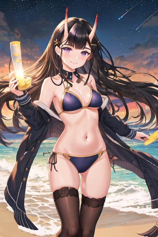 best quality, masterpiece, highres, solo, {night:1.10}, {starry sky:1.10}, beach, beautiful detailed sky, {extremely detailed background:1.20}, {noshiro_azurlane:1.15}, {standing:1.10}, looking at viewer, {bikini:1.30}, long_hair, horns, oni_horns, black_hair, purple_eyes, bangs, hair_ornament, hairclip, breasts, x_hair_ornament, serafuku, very_long_hair, light smile