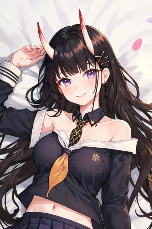 best quality, masterpiece, highres, solo, {noshiro_azurlane:1.15}, long_hair, horns, oni_horns, black_hair, purple_eyes, bangs, hair_ornament, hairclip, breasts, x_hair_ornament, serafuku, very_long_hair, 1girl, blush, looking_at_viewer, off_shoulder, shirt, white_shirt, medium_breasts, smile, blunt_bangs, lying, on_back